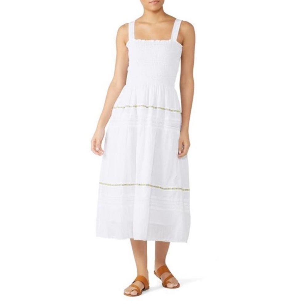 THE GREAT. The Clover Smocking Sleeveless Embroidered Floral Mid Dress
